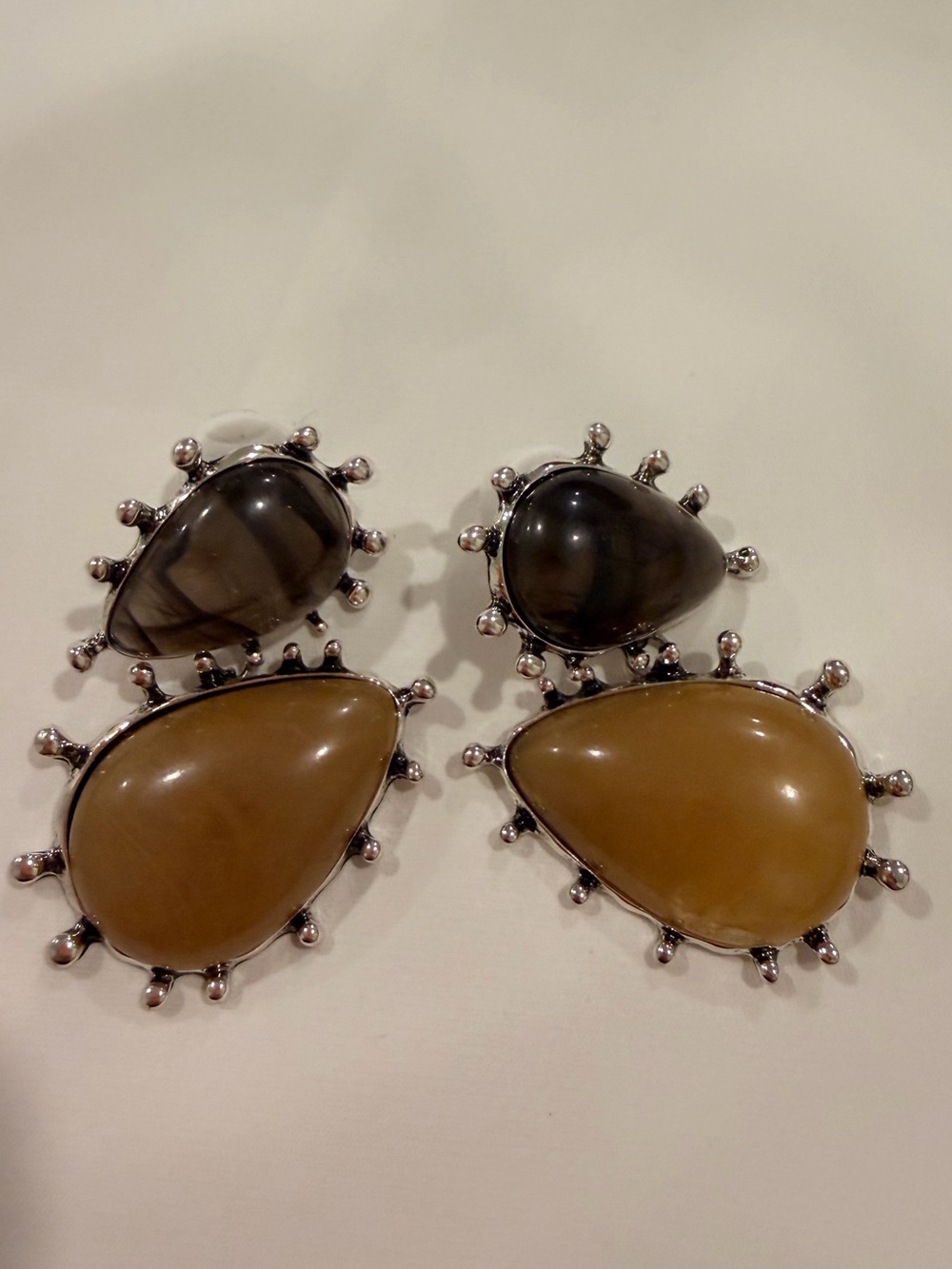 Black and Beige Double Teardrop Earrings - Picture 5 of 7